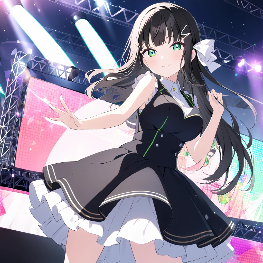 dia kurosawa, long hair, bangs, black hair, hair ornament, green eyes, sidelocks, hairclip, blunt bangs, , live stage, large Breasts, Formal dress smile solo