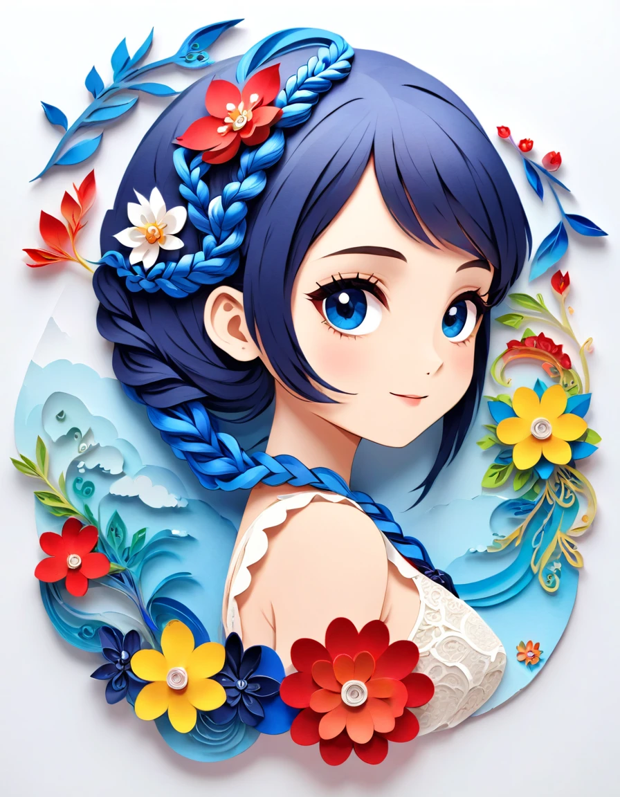 Paper cutting art,(Flat paper cutout,Paper Art,layered Paper Art,Paper Quilting, Digital Art),against a pure white background,,(High detail, masterpiece, Highest quality, Ultra-high resolution),woman、womanを画像サイズ内に描く、Upper Body、From the waist up、Eyes are patchy、Sparkling eyes、Non-rev�ve clothing、She is wearing a dress with frills and lace.、flower、Facing forward、smile、(Blue braid hair:1.5)、flowerの種類変えて、Change the pose、Change your body position、Change your body position、