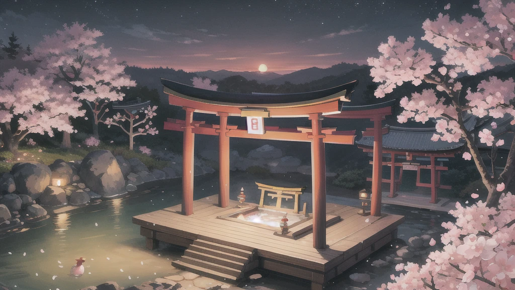 Cute art style, open-air bath, small torii gate, hot spring, evening, cherry blossoms, illustration, background only, Bird's-eye view