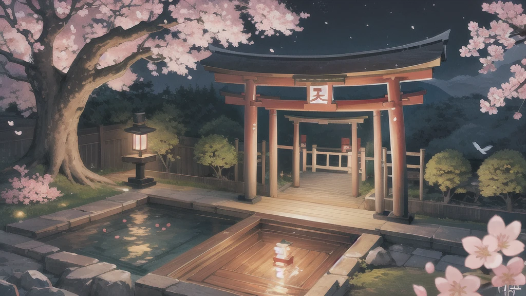 Cute art style, open-air bath, small torii gate, hot spring, evening, cherry blossoms, illustration, background only, Bird's-eye view