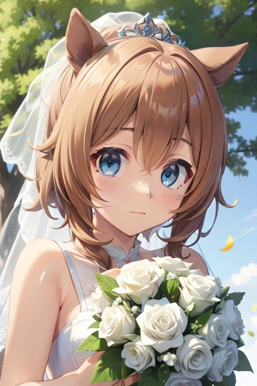 taiki shuttle \(umamusume\) wearing a white wedding dress, tiara, wedding veil in front of face, wedding bouquet