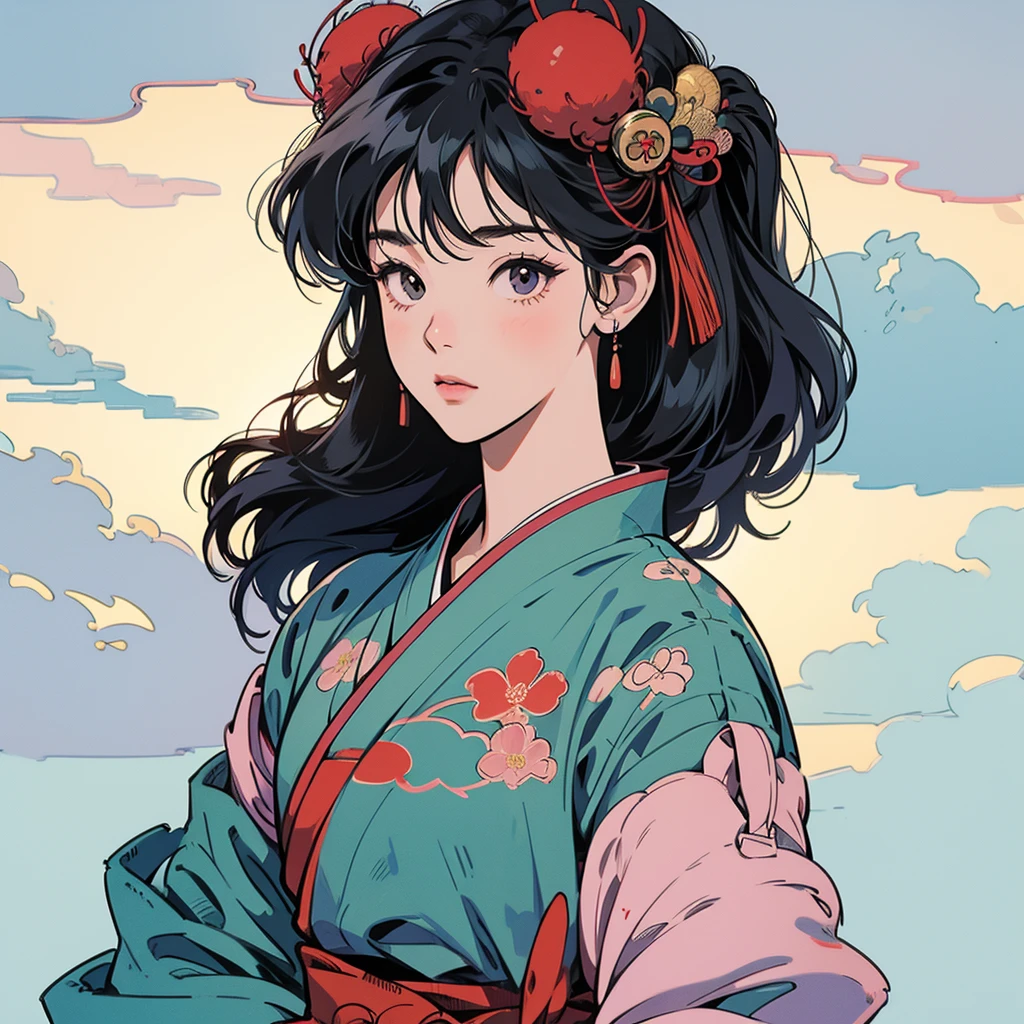 Illustration Style、Showa anime、ukiyo-e、((girl))、Tokyo、Soft Touch、((Modern))、winter、High resolution, samba, latina