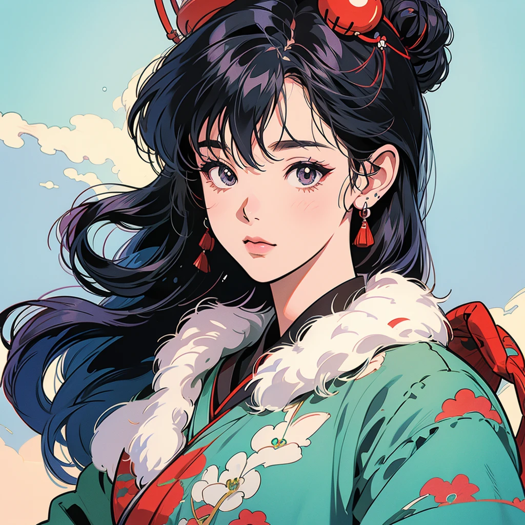Illustration Style、Showa anime、ukiyo-e、((girl))、Tokyo、Soft Touch、((Modern))、winter、High resolution, samba, latina