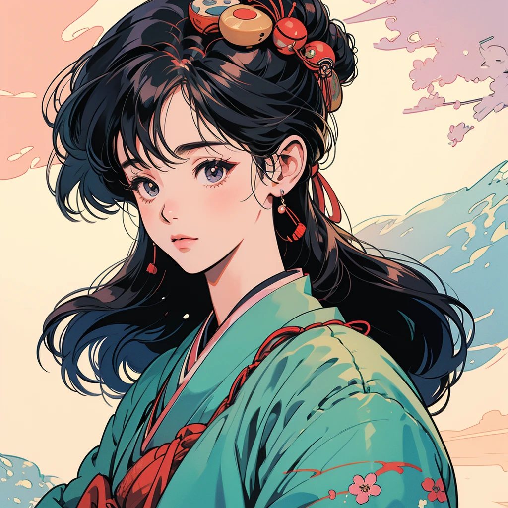 Illustration Style、Showa anime、ukiyo-e、((girl))、Tokyo、Soft Touch、((Modern))、winter、High resolution, samba, latina