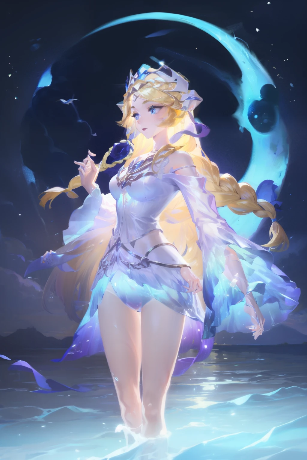 A girl came out of the sea, The Swan Princess in mythology, Beautiful and calm face, blue eyes, Long blonde hair braided, The moon is woven into the hair at the back of the head, White ancient shiny clothes, On his head wears the Kokoshnik crown, Affectionate gaze, Smile, A gentle expression on his face, Background seascape and sunlight, Seagulls in the sky, full length, Photorealism