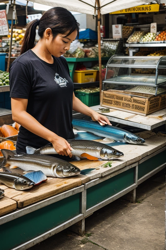 l A cat takes away fish from the market