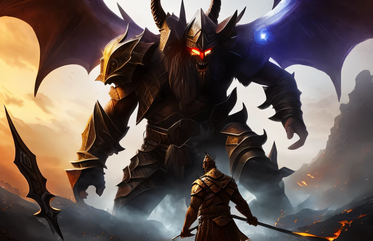 A warrior in front facing a giant demon 