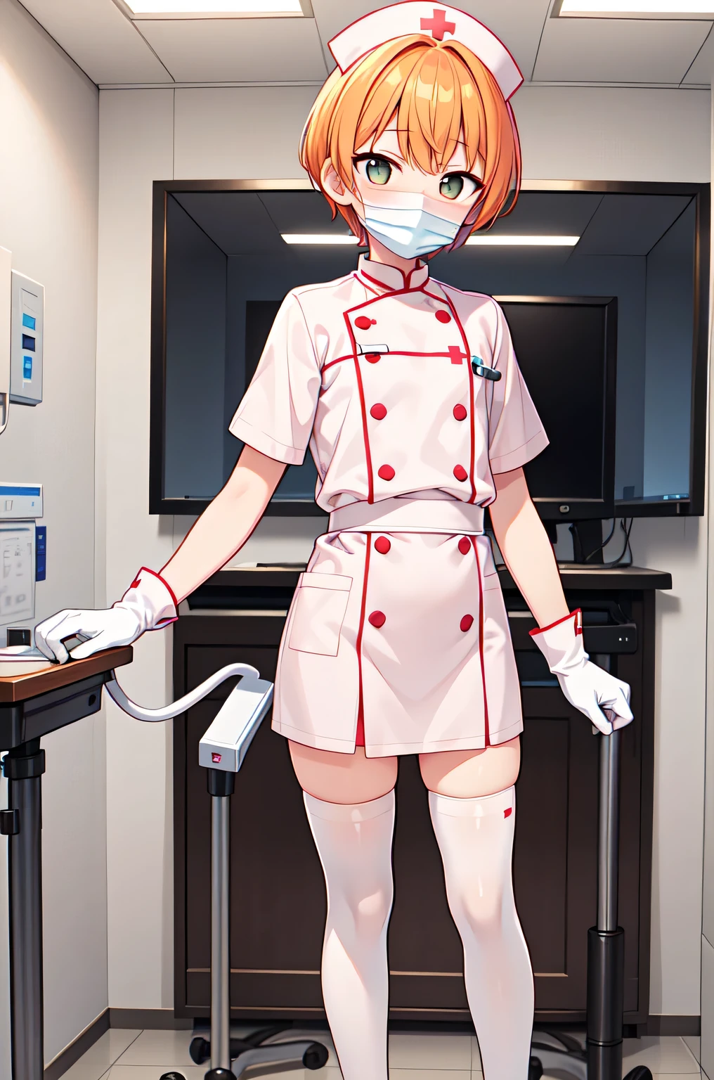1boy, solo, male focus, nurse, white nurse cap, white nurse uniform, ((white legwear, zettai ryouiki)), white gloves, short hair, orange hair, ((white surgical mask, covered nose)), standing, ((hospital room)), sharp outline, short sleeves, shota, 12 years old, best quality, masterpiece