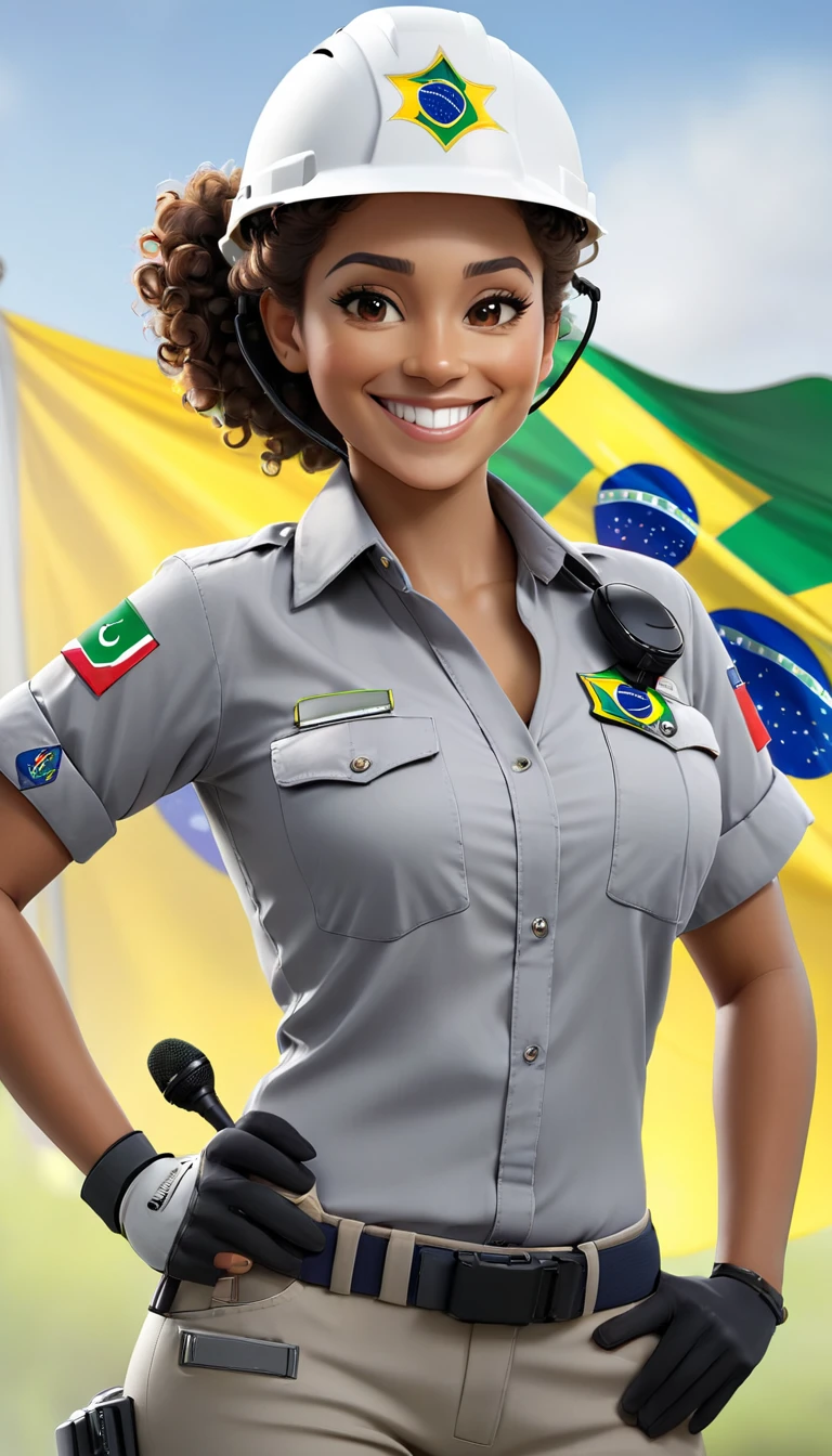  a smiling woman, with curly hair tied back, wearing a light gray work shirt with details with the Brazilian flag emblem on the right sleeve. She has a two-way radio and microphone attached to her shirt and holds a white helmet with her left arm in high quality