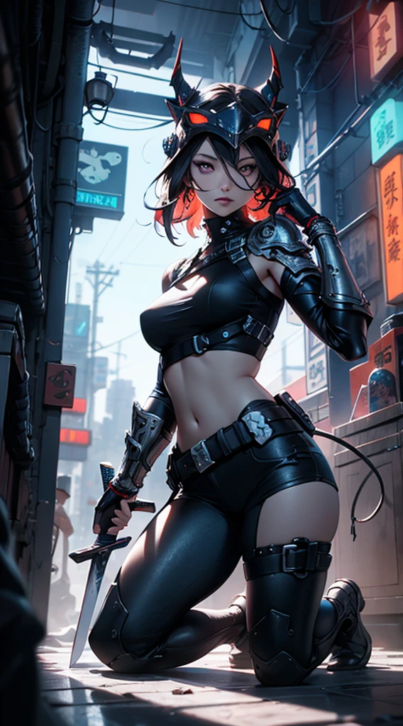 Surreal version of a woman kneeling down on one knee with sword in hand, very beautiful cyberpunk samurai, anime cyberpunk art, cyberpunk samurai, cyberpunk anime art, cyberpunk anime, cgsociety 9, digital cyberpunk anime art , maciej kuciara.1girl style, samurai armor , Demon mask helmet, intricate, detailed ornaments, cool colors, metallic, Egyptian details, intricate details, realistic lighting, trending on social cgs, glowing eyes, facing camera, neon details, surreal details, full body portraits, Japanese atmosphere, global illumination, shadows, octane rendering , 8k, super sharp lolita.cool.