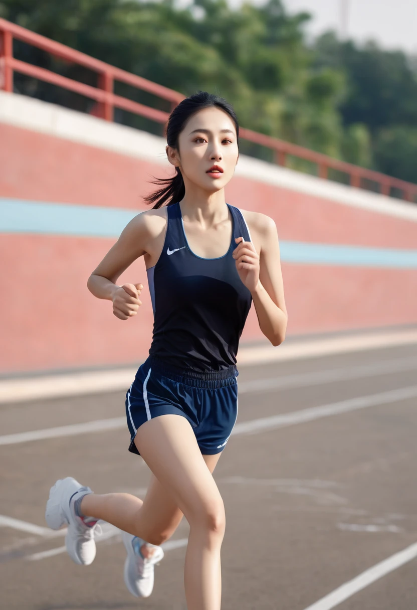A young asian woman running on a track, beautiful detailed eyes, beautiful detailed lips, extremely detailed eyes and face, long eyelashes, athletic body, determined expression, running shoes, sports gear, motion blur, golden hour lighting, cinematic composition, vibrant colors, dramatic lighting, photorealistic, 8k, (best quality,4k,8k,highres,masterpiece:1.2),ultra-detailed,(realistic,photorealistic,photo-realistic:1.37)