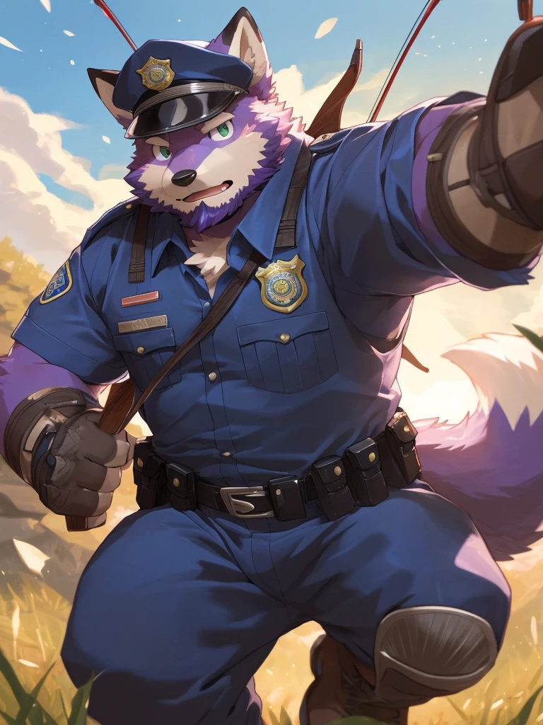 anthro, kemono, male, solo, ((round face, very plump face, thick beard)), (((dark beard))), ((endomorph body type, old-aged, mature)), ((purple fox, fox) fluffy fur, fluffy), (at training camp, field), bokeh, (high quality, highres, masterpiece), (dynamic lighting, vivid color), (calm expression), (face focus), front view (close up), cartoon, (((purple fox))), (((purple fur))), purple hair, beard, white eyebrows, detailed green eyes, tall, steel hunting bow, (((archery armor, military hat, police man, black color outfit, military shoes, police cap, uniform))), by zixiong, by takemoto arashi, by zixiong, (by null-ghost:0.8), (by t.y.stars:0.4), raise a hunting bow and aim the arrow at the viewer, (((action pose))),