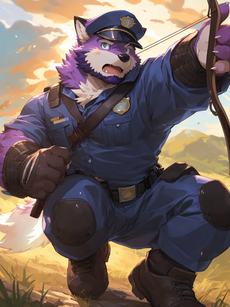 anthro, kemono, male, solo, ((round face, very plump face, thick beard)), (((dark beard))), ((endomorph body type, old-aged, mature)), ((purple fox, fox) fluffy fur, fluffy), (at training camp, field), bokeh, (high quality, highres, masterpiece), (dynamic lighting, vivid color), (calm expression), (face focus), front view (close up), cartoon, (((purple fox))), (((purple fur))), purple hair, beard, white eyebrows, detailed green eyes, tall, steel hunting bow, (((archery armor, military hat, police man, black color outfit, military shoes, police cap, uniform))), by zixiong, by takemoto arashi, by zixiong, (by null-ghost:0.8), (by t.y.stars:0.4), raise a hunting bow and aim the arrow at the viewer, (((action pose))),