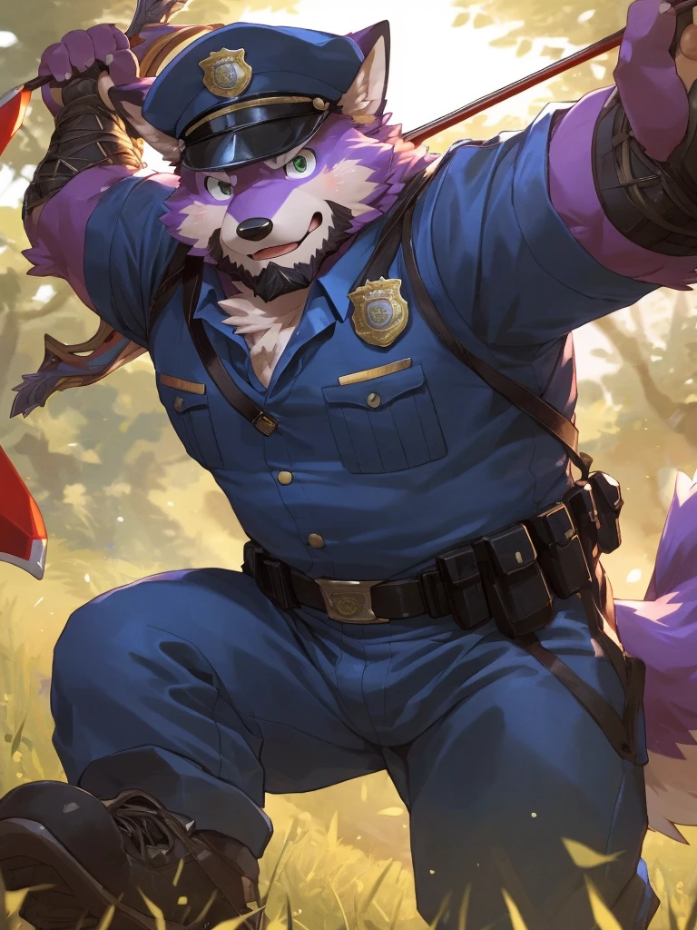 anthro, kemono, male, solo, ((round face, very plump face, thick beard)), (((dark beard))), ((endomorph body type, old-aged, mature)), ((purple fox, fox) fluffy fur, fluffy), (at training camp, field), bokeh, (high quality, highres, masterpiece), (dynamic lighting, vivid color), (calm expression), (face focus), front view (close up), cartoon, (((purple fox))), (((purple fur))), purple hair, beard, white eyebrows, detailed green eyes, tall, steel hunting bow, (((archery armor, military hat, police man, black color outfit, military shoes, police cap, uniform))), by zixiong, by takemoto arashi, by zixiong, (by null-ghost:0.8), (by t.y.stars:0.4), raise a hunting bow and aim the arrow at the viewer, (((action pose))),