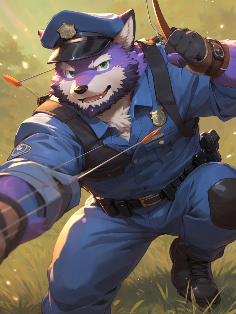 anthro, kemono, male, solo, ((round face, very plump face, thick beard)), (((dark beard))), ((endomorph body type, old-aged, mature)), ((purple fox, fox) fluffy fur, fluffy), (at training camp, field), bokeh, (high quality, highres, masterpiece), (dynamic lighting, vivid color), (calm expression), (face focus), front view (close up), cartoon, (((purple fox))), (((purple fur))), purple hair, beard, white eyebrows, detailed green eyes, tall, steel hunting bow, (((archery armor, military hat, police man, black color outfit, military shoes, police cap, uniform))), by zixiong, by takemoto arashi, by zixiong, (by null-ghost:0.8), (by t.y.stars:0.4), raise a hunting bow and aim the arrow at the viewer, (((action pose))),