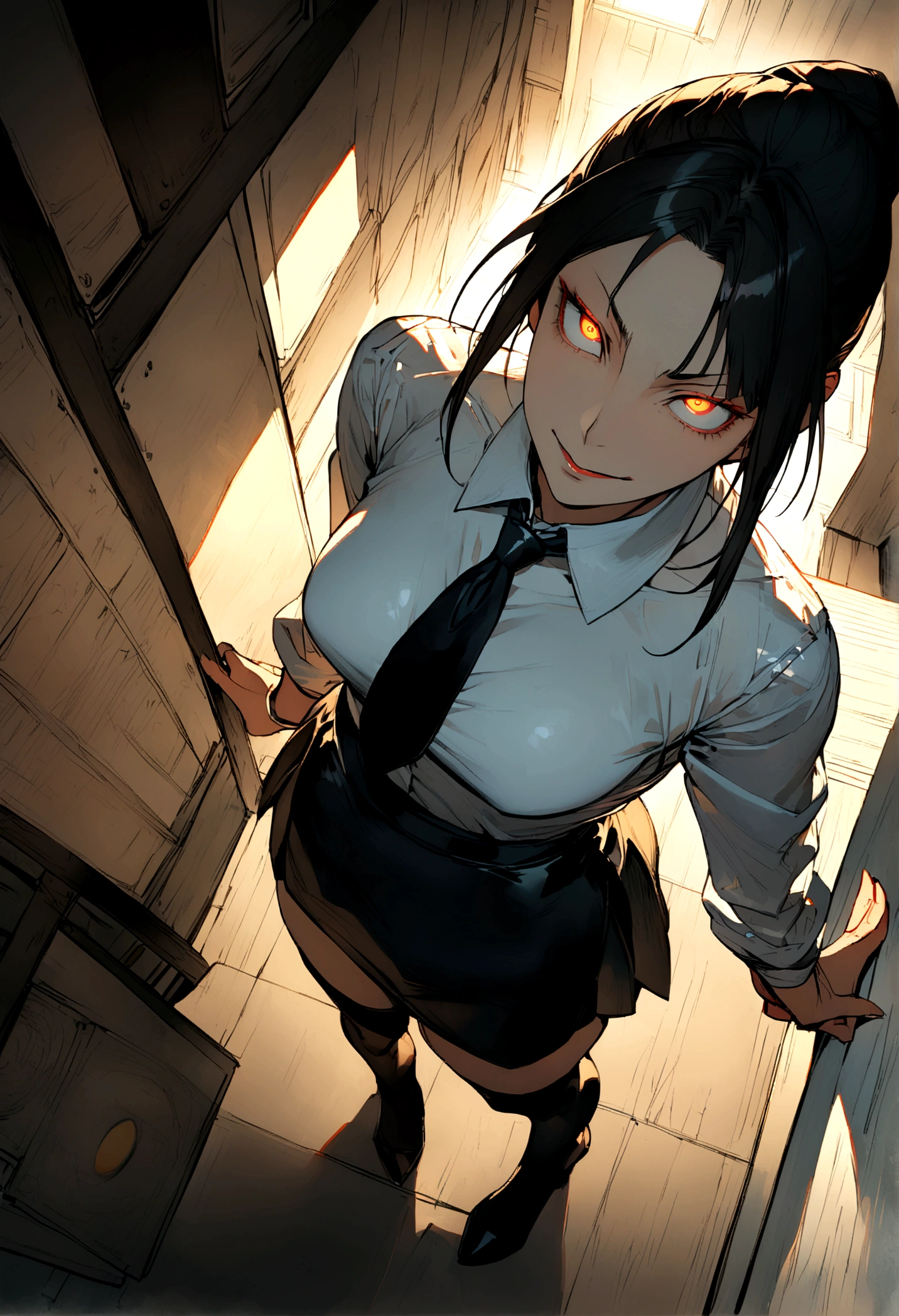 juri han, work of art, tight white secretary shirt with black tie, black high waist skirt, short skirt,stocking, black hair, black tightscary sun,office,bangs on the eyes,lighting,horn of hair,view from above,staring overhead,evil smile