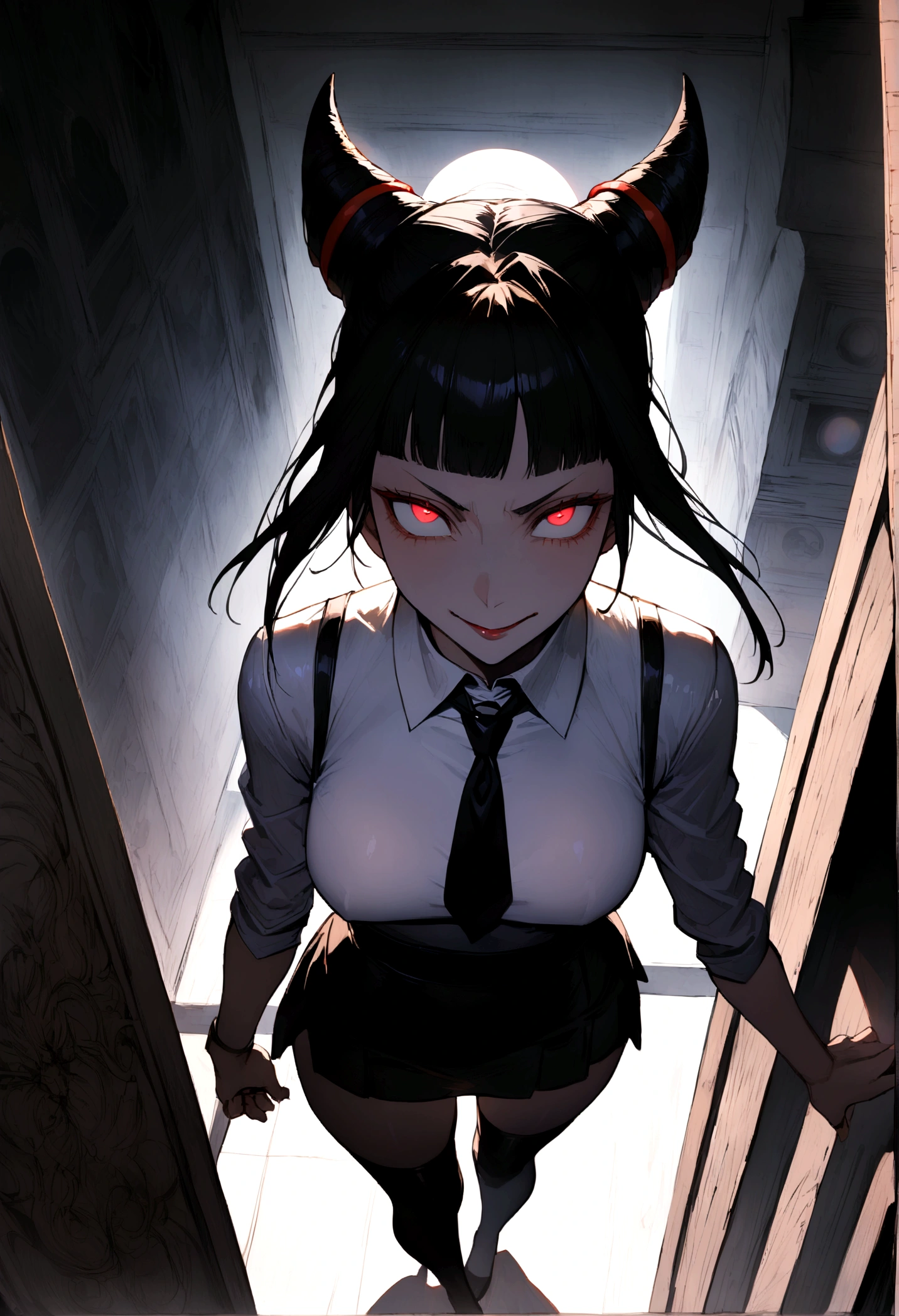 juri han, work of art, tight white secretary shirt with black tie, black high waist skirt, short skirt,stocking, black hair, black tightscary sun,office,bangs on the eyes,lighting,horn of hair,view from above,staring overhead,evil smile
