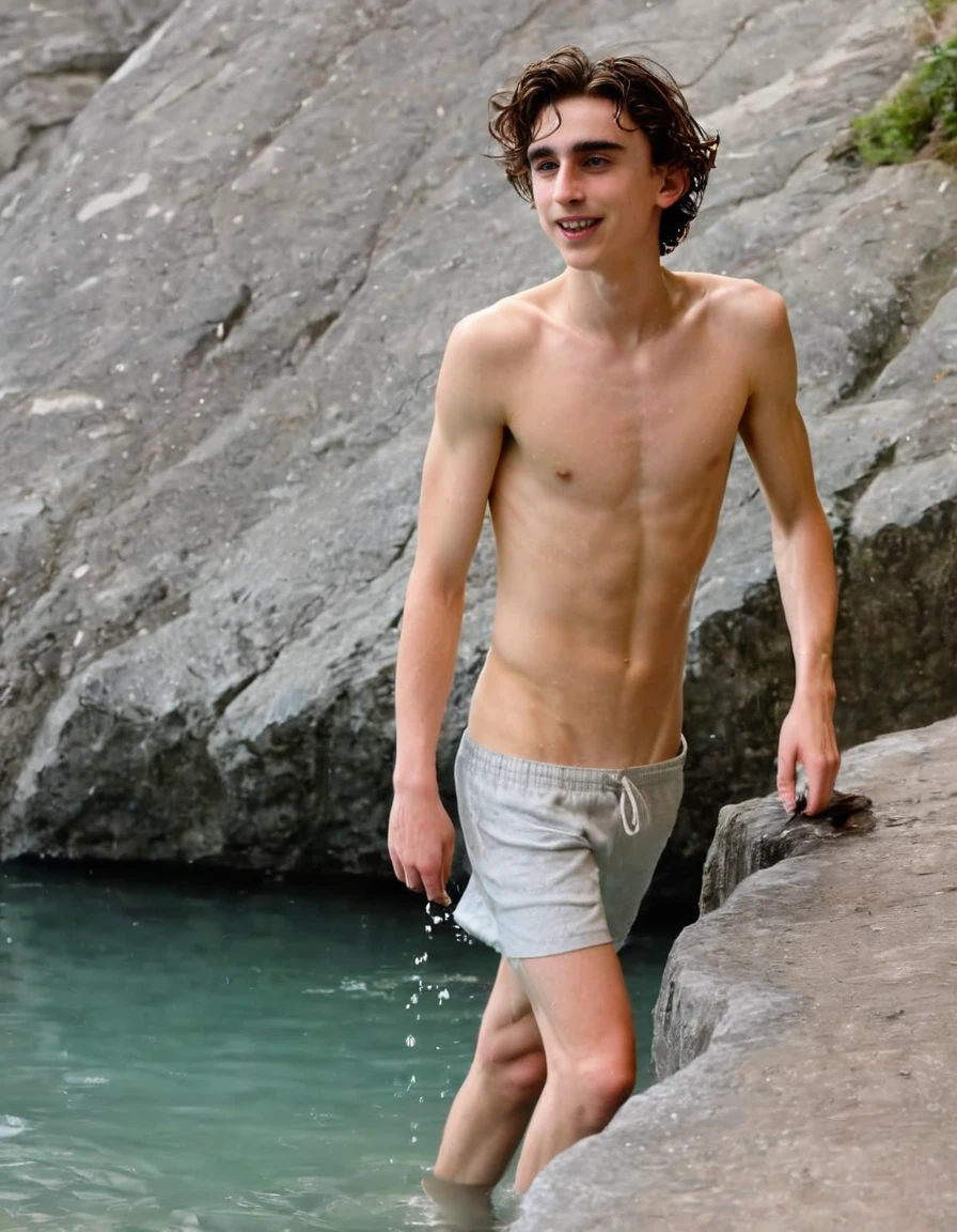 Timothée Chalamet, sweaty boy, in water, in outside swiss sauna, no clothing, far from camera, whole body, braces, age avy tiktok hair, boxer, bare feet, wearing no t-shirt topless, swiss Alps thermal baths, short fine armpit hair, flexing, in the water, veiny arms, cute, tall, lean, not muscular, wispy pubes, mur teen boy mastece, high resolution, feet visible, no shoes, very dirty feet, skinny, tall, foot fetish, tall oy, braces, best qualitticky armpit hair, sticky, glue on floor, wet floor, sticky clothes, drops on underwear, drops on shorts, sticky on shorts, drops on floor, sweaty face, sweaty hair, Dune by Herbert, Science fiction