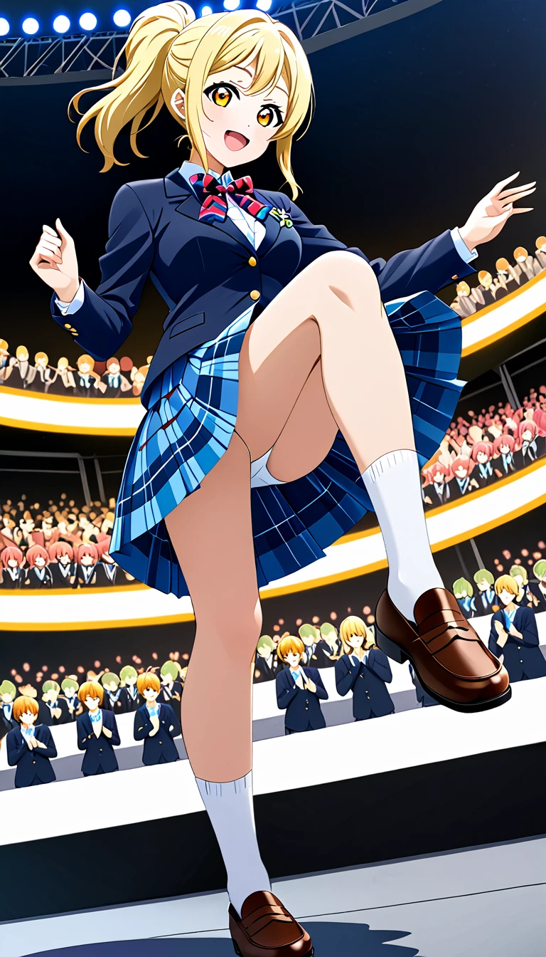 solo girl,miyashita ai, love live! nijigasaki high school, blonde hair, orange eyes, bangs, sidelocks, ponytail, medium hair, medium breasts , otonokizaka winter uniform, red striped bow tie, navy blue blazer, blue striped skirt,socks,loafers,dancing on odaiba stage,from below :d, (1girl), (solo),BREAK score_9, score_8_up, score_7_up, score_6_up, source_anime 