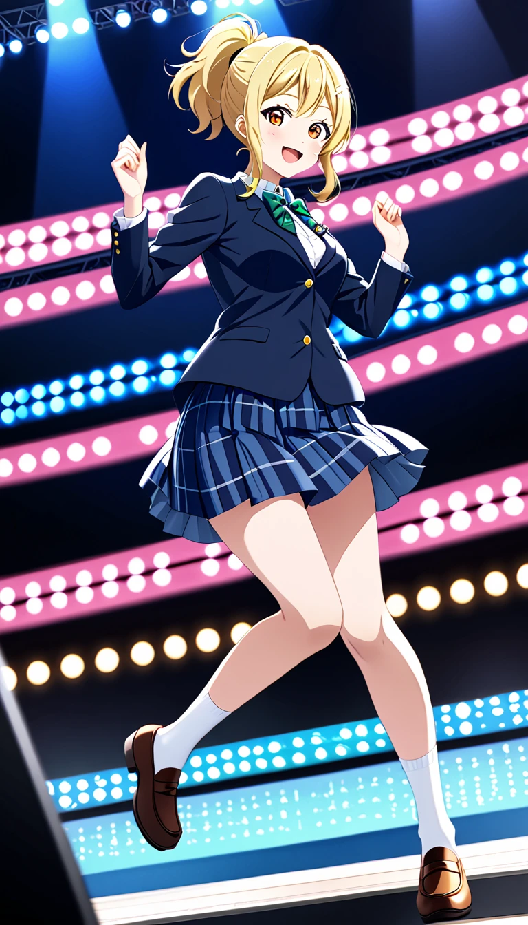 solo girl,miyashita ai, love live! nijigasaki high school, blonde hair, orange eyes, bangs, sidelocks, ponytail, medium hair, medium breasts , otonokizaka winter uniform, red striped bow tie, navy blue blazer, blue striped skirt,socks,loafers,dancing on odaiba stage,from below :d, (1girl), (solo),BREAK score_9, score_8_up, score_7_up, score_6_up, source_anime 