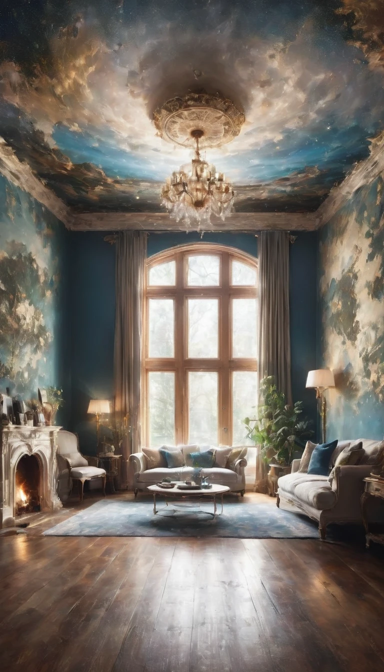 A rural view from the living room of an old house、Large living room、Real、Ultra-detailed landscapes、Portrait Photography、 Highest quality, Highly detailed 8k wallpaper, Beautiful details、Transcendently beautiful、Spectacular views、