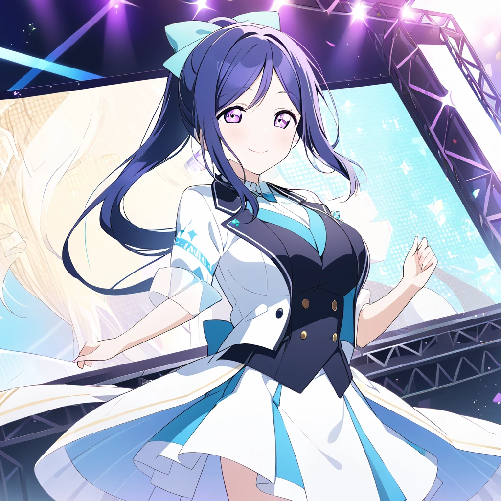 kanan matsuura, long hair, blue hair, (purple eyes:1.1), ponytail, sidelocks,,, live stage, large Breasts, Formal dress smile　solo

