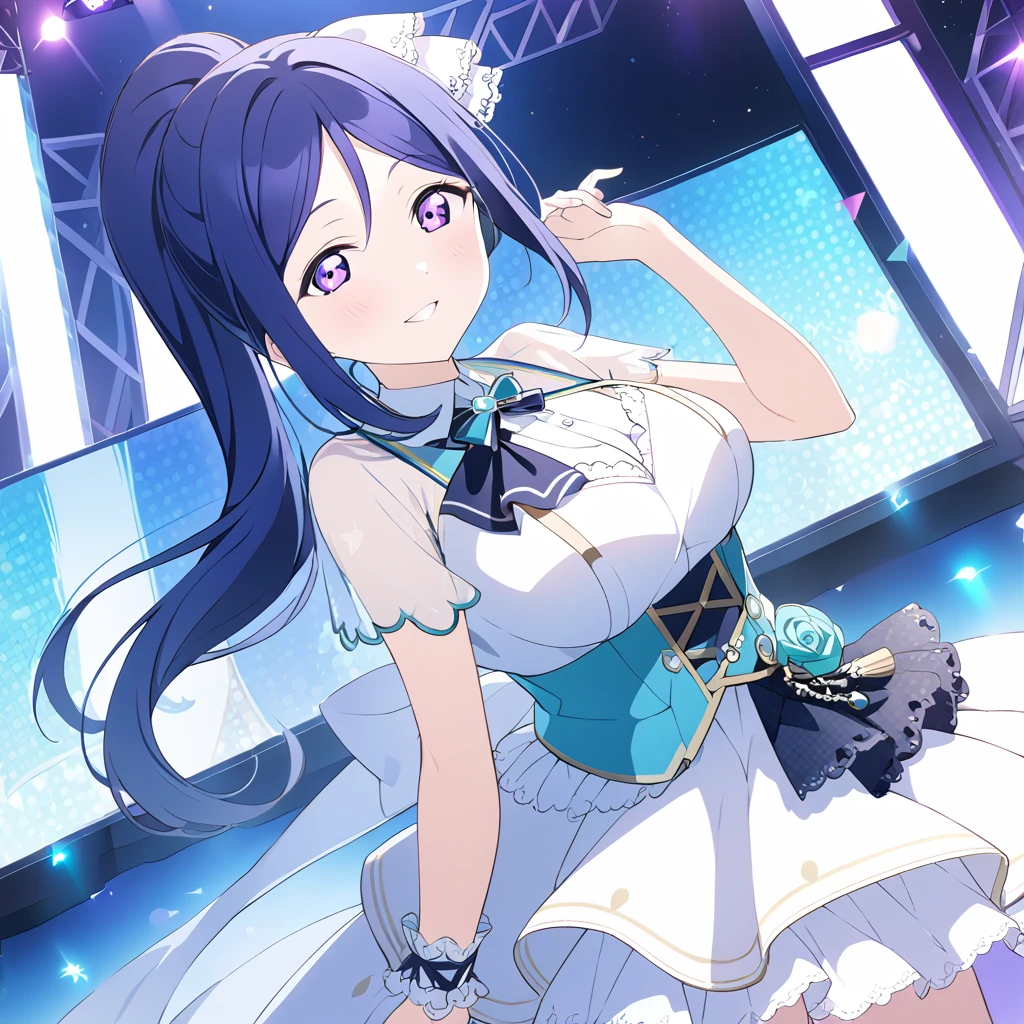 ((shylily)),(masterpiece:1.2),(best quality:1.2),absurdres, highres, ultra detailed, (1girl:1.3), ribbon ponytail, (blush:1), fingering, (A woman is holding a microphone and is about to sing:1.5)、white and navy idol costume、That costume includes a navy blue idol-style corset., That costume has a ribbon on the collar.