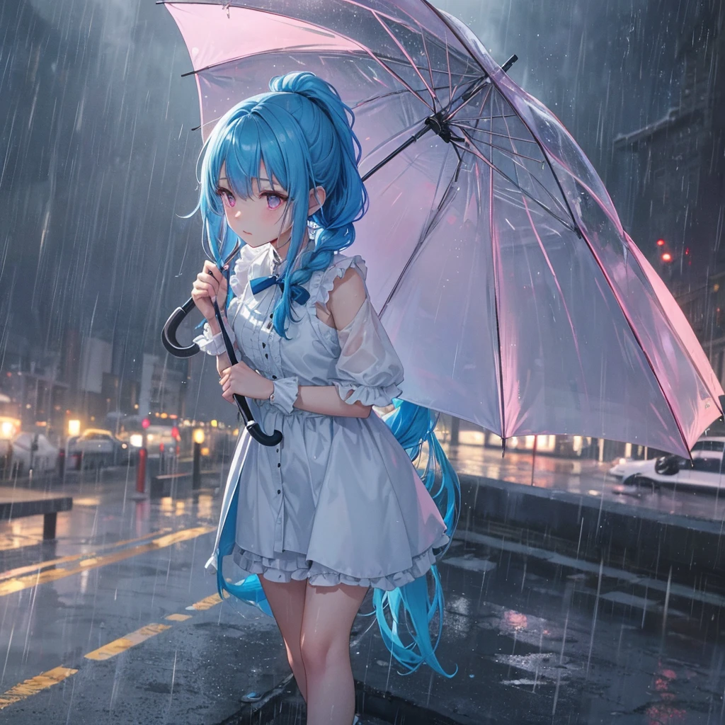 sky Blue hair, (braided ponytail),(pink eyes),fair skin ,(full body),(1 girl),bride,sad,Straight Bangs,rainy season,rainy,(masterpiece, best quality, ultra-detailed, best shadow), (detailed background), (beautiful detailed face), high contrast, (best illumination, an extremely delicate and beautiful), ((cinematic light)), colorful, hyper detail, dramatic light, intricate details,Walking in the rain with an umbrella,