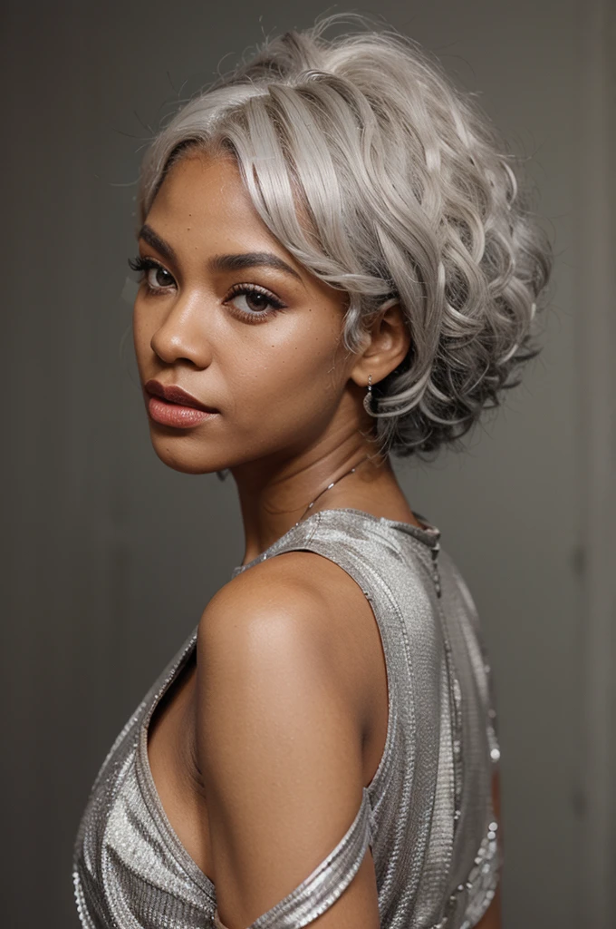 black American hair model girl, short tube silver color frock, makeups, lipstick, eye lashes, curly white hair, looking side ,modeling poses