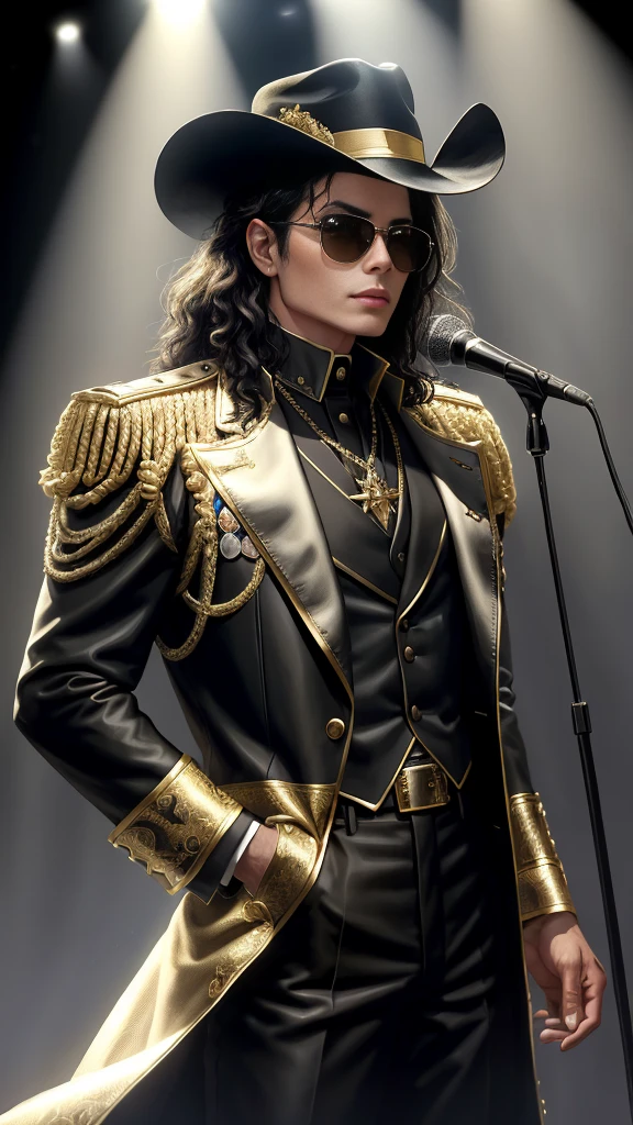 Downward view,Michael Jackson concert,tmasterpiece,8K,high definition resolution,cinmatic lighting,theater,lamplight,perform,Michael jackson,((microphones:1.5)),Concert,performance,Fashionable clothes,singers,idoly,Ultra detailed face, ((Ultra-detailed)),((Delicate face)),(high light,Gradient hair), GSHea,Look at the viewer, ((Distant view)), Strong light and shadow, Cinema lenses,tmasterpiece,Super quality,theater stage,Mike Jackson sings through a microphone on stage in a straitjacket, Wear stage costumes, singing on stage,Stylish lenses,michael jackson in a gold outfit and sunglasses, Michael_jackson,with shoulder pads, wearing black uniform, he is a rockstar, regal pose, Gold accents, Michael Jackson's style, gilded black uniform