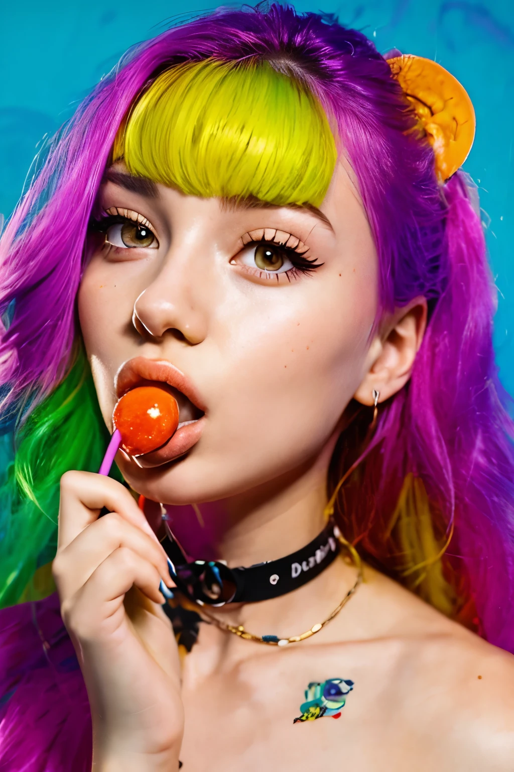 (masterpiece, best quality:1.2), 1girl, solo, high quality raw photograph of a young girl, licking a red lollipop, lollipop on hand, colorful hair, vibrant neon colors, silhouette, illustration, looking at viewer, lofi,UHD, accurate, textured skin, super detail, high details, high quality, highres, 1080P, 4K