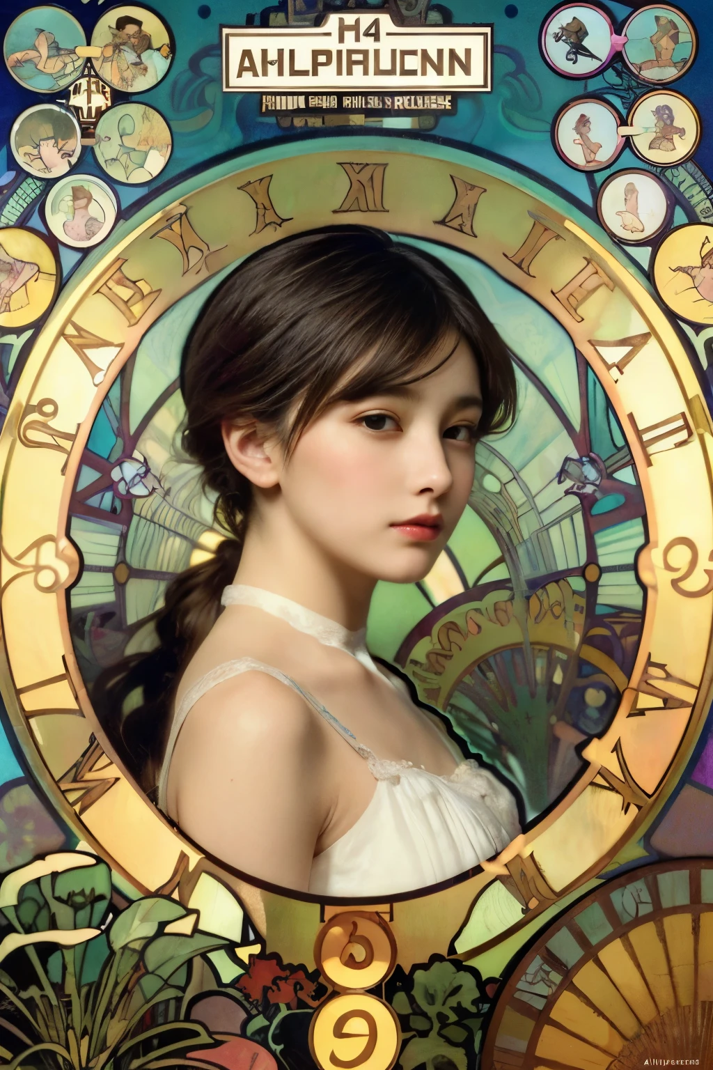 ((masterpiece:1.4, Highest quality)), (Realistic photos:1.4), (artwork),
((1 Girl)), (Otherworldly beauty), (dream-like),
(超High resolution:1.2), Very delicate and beautiful, wonderful, Very detailedな CG Unity 8k 壁紙, Very detailed, High resolution,
Soft Light, Beautiful detailed girl, Very detailedな目と顔, Beautiful and exquisite nose, Beautiful and exquisite,
(Dressed in early 20th century French costume:1.3),
Cinema Lighting, Perfect Anatomy, Slender body, (Parted bangs),
(Portrait of a Girl by Alphonse Mucha:1.5), (Abstract Background), (Designed picture background),
Cowboy Shot