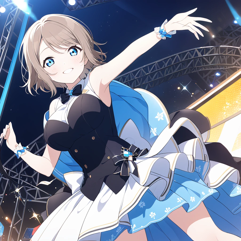 you watanabe, short hair, blue eyes, brown hair,, , live stage, large Breasts, Formal dress smile solo