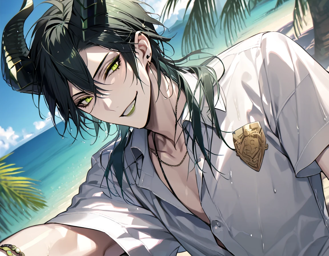 ((masterpiece:1.4, best quality)), (Ultra detailed background), 1boy, handsome man, highly detailed beautiful face and eyes, white hair, beautiful eyes, (sharp detail:1.3), shiny, earrings, bracelet, (wet clothes:1.3), Shirts, Bari, Cebu Island, plumeria, near the beach, stretch,lie on one's back, dynamic angle, malleus draconia (twisted wonderland) horns, bishounen, boy, male, yana Toboso style, long hair, black hair, yellow green eyes, smile, gray lips, handsome, skinny, tall, yellow green glow,
