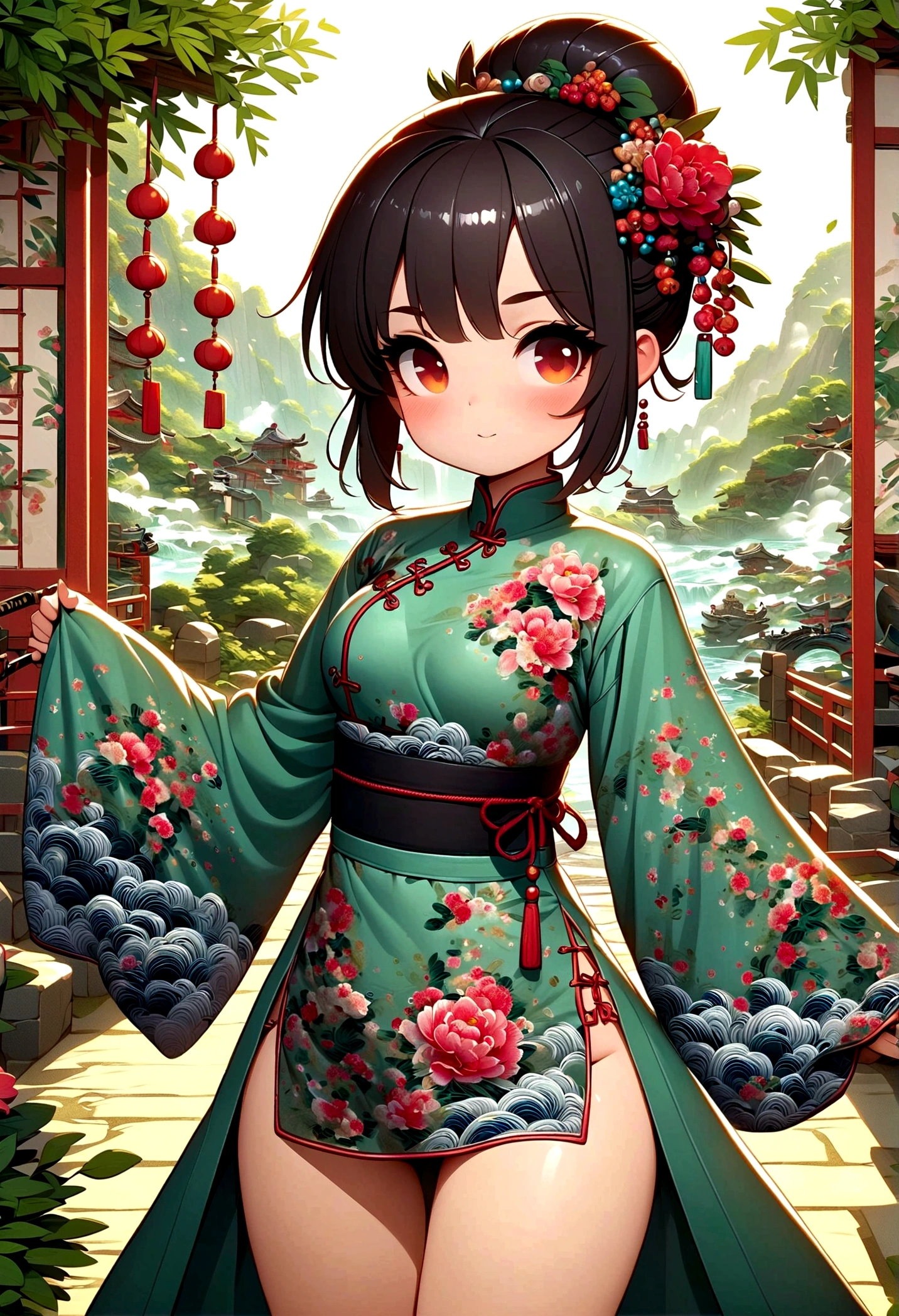 (Very detailed CG unity 8k wallpaper), (Very detailed), masterpiece, Highest quality, Japan, short hair, Mid-chest, China dress, Looking at the audience, Thigh Gap,Cat ear
