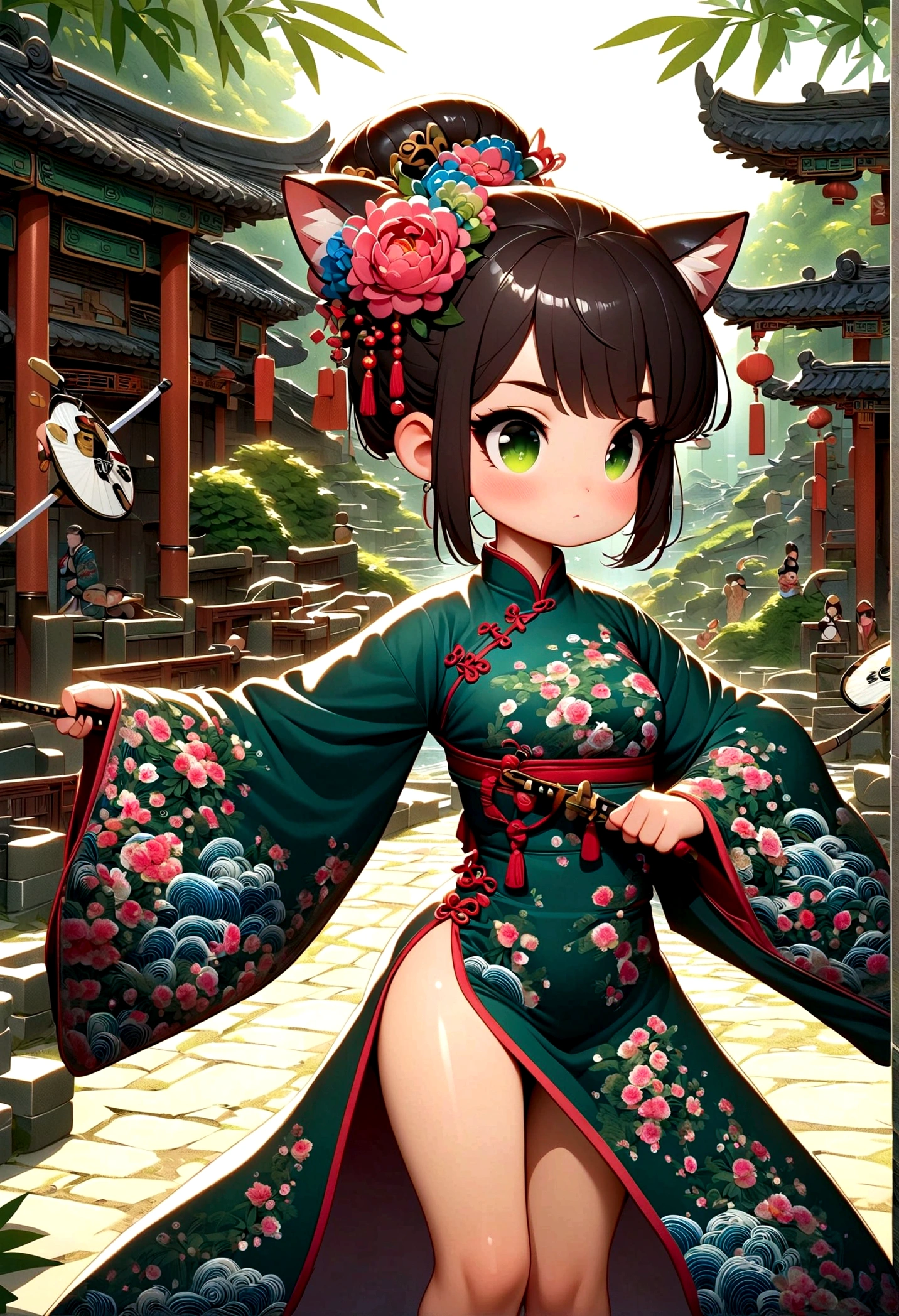 (Very detailed CG unity 8k wallpaper), (Very detailed), masterpiece, Highest quality, Japan, short hair, Mid-chest, China dress, Looking at the audience, Thigh Gap,Cat ear