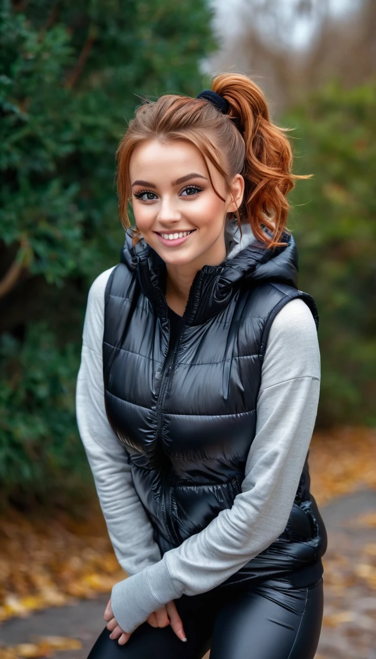 ultrarealistic high quality full body photo of a beautiful busty slim european 25-year-old woman with cute hyperdetailed shy face and natural redhead messy bun hair and shy smile , realistic round hazel eyes, natural lips, dark eye makeup with eyeliner, wearing casual hoodie with shiny puffer vest and latex leggins, hourglass body, outdoor photography, tanned