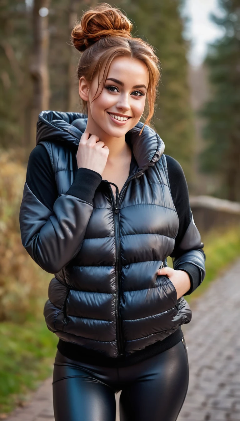 ultrarealistic high quality full body photo of a beautiful busty slim european 25-year-old woman with cute hyperdetailed shy face and natural redhead messy bun hair and shy smile , realistic round hazel eyes, natural lips, dark eye makeup with eyeliner, wearing casual hoodie with shiny puffer vest and latex leggins, hourglass body, outdoor photography, tanned