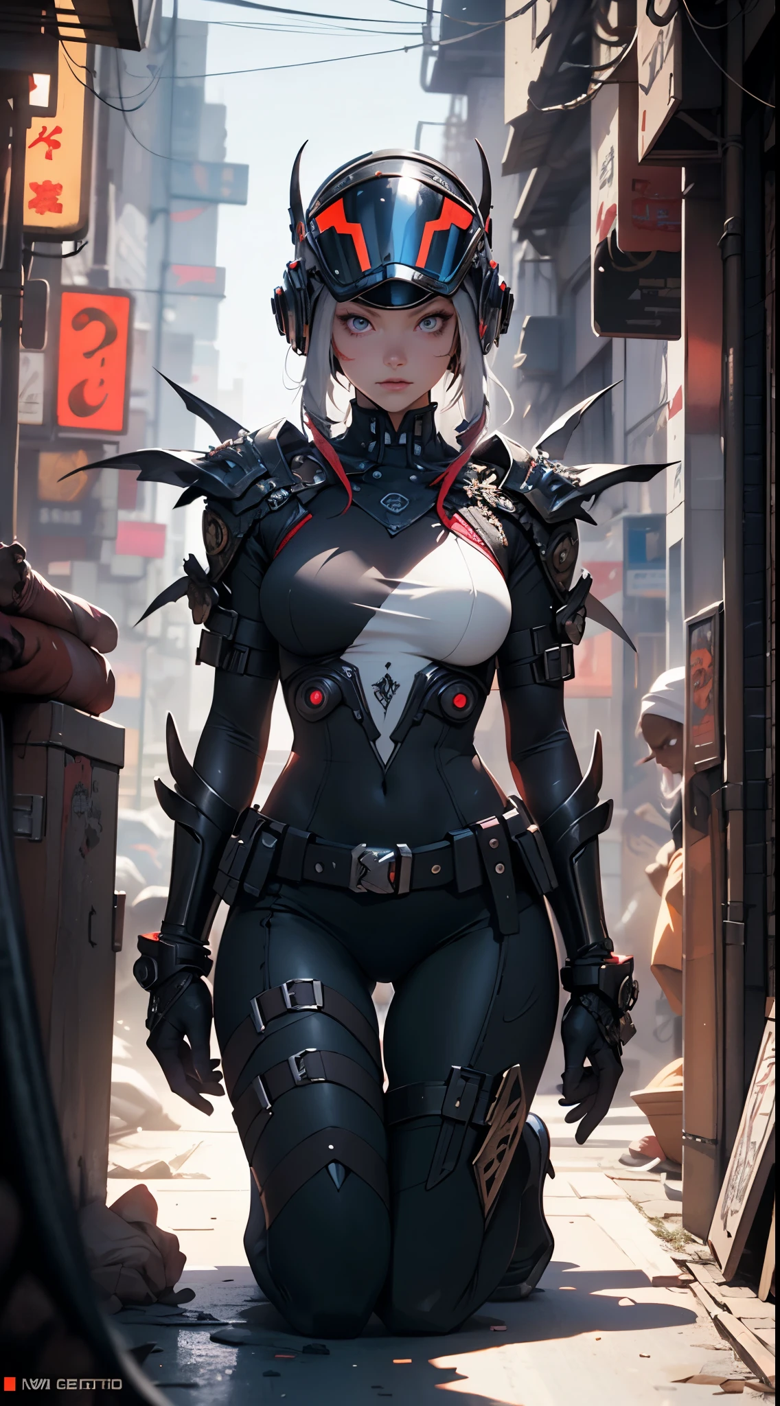 Hyperrealistic version of a woman kneeling down with a sword in her hand, very beautiful cyberpunk samurai, anime cyberpunk art, cyberpunk samurai, cyberpunk anime art, anime cyberpunk, cgsociety 9, digital cyberpunk anime art, style of maciej kuciara.1girl, samurai armor, helmet oni evil mask,intricate, ornaments detailed, cold colors, metal, egypician detail, highly intricate details, realistic light, trending on cgsociety, glowing eyes, facing camera, neon details, ultra realistic details, portrait full body, japanese atmosphere, global illumination, shadows, octane render, 8k, ultra sharp.cool lolita.