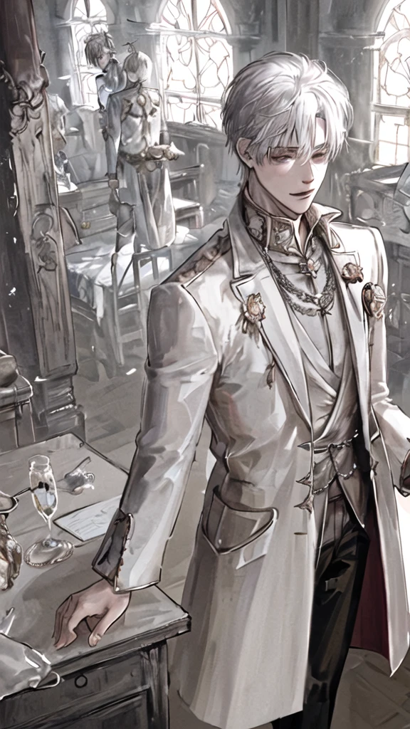 anime boy with white hair and black jacket , boy with white hair, prince, wearing gold jewelry, ducal clothes, in a castle, standing figure, brown eyes, elegant