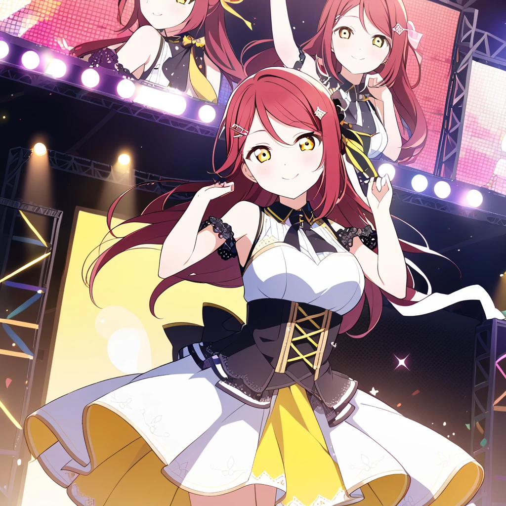 riko sakurauchi, long hair, hair ornament, (yellow eyes:1.3), red hair, hairclip,,, live stage, large Breasts, Formal dress smile　solo

