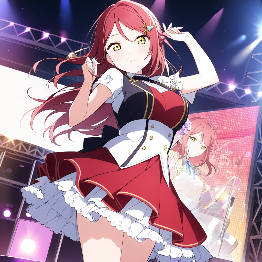 riko sakurauchi, long hair, hair ornament, (yellow eyes:1.3), red hair, hairclip,,, live stage, large Breasts, Formal dress smile　solo

