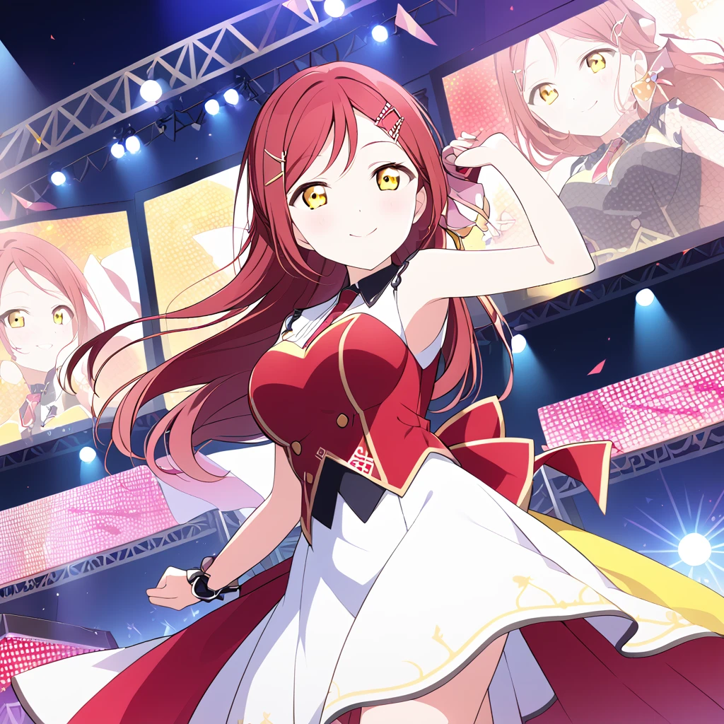 riko sakurauchi, long hair, hair ornament, (yellow eyes:1.3), red hair, hairclip,,, live stage, large Breasts, Formal dress smile　solo

