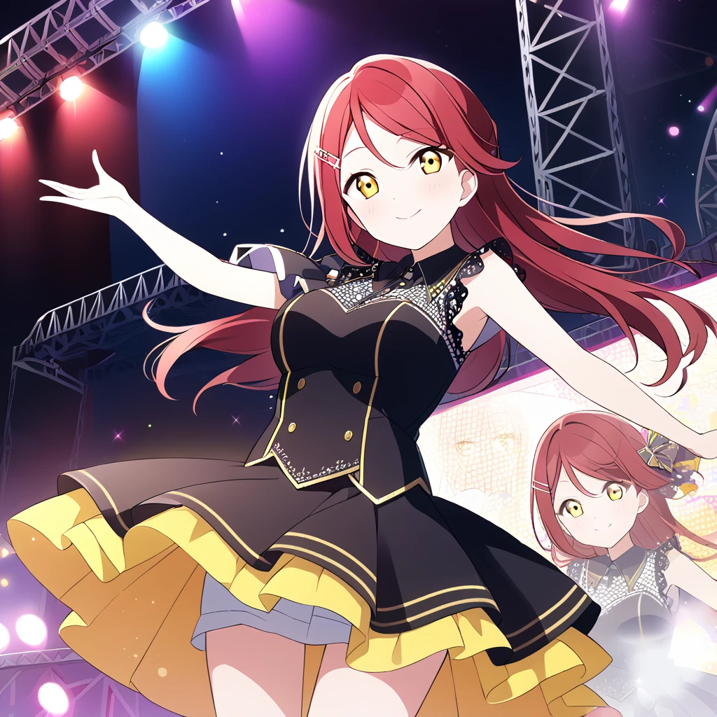 riko sakurauchi, long hair, hair ornament, (yellow eyes:1.3), red hair, hairclip,,, live stage, large Breasts, Formal dress smile　solo

