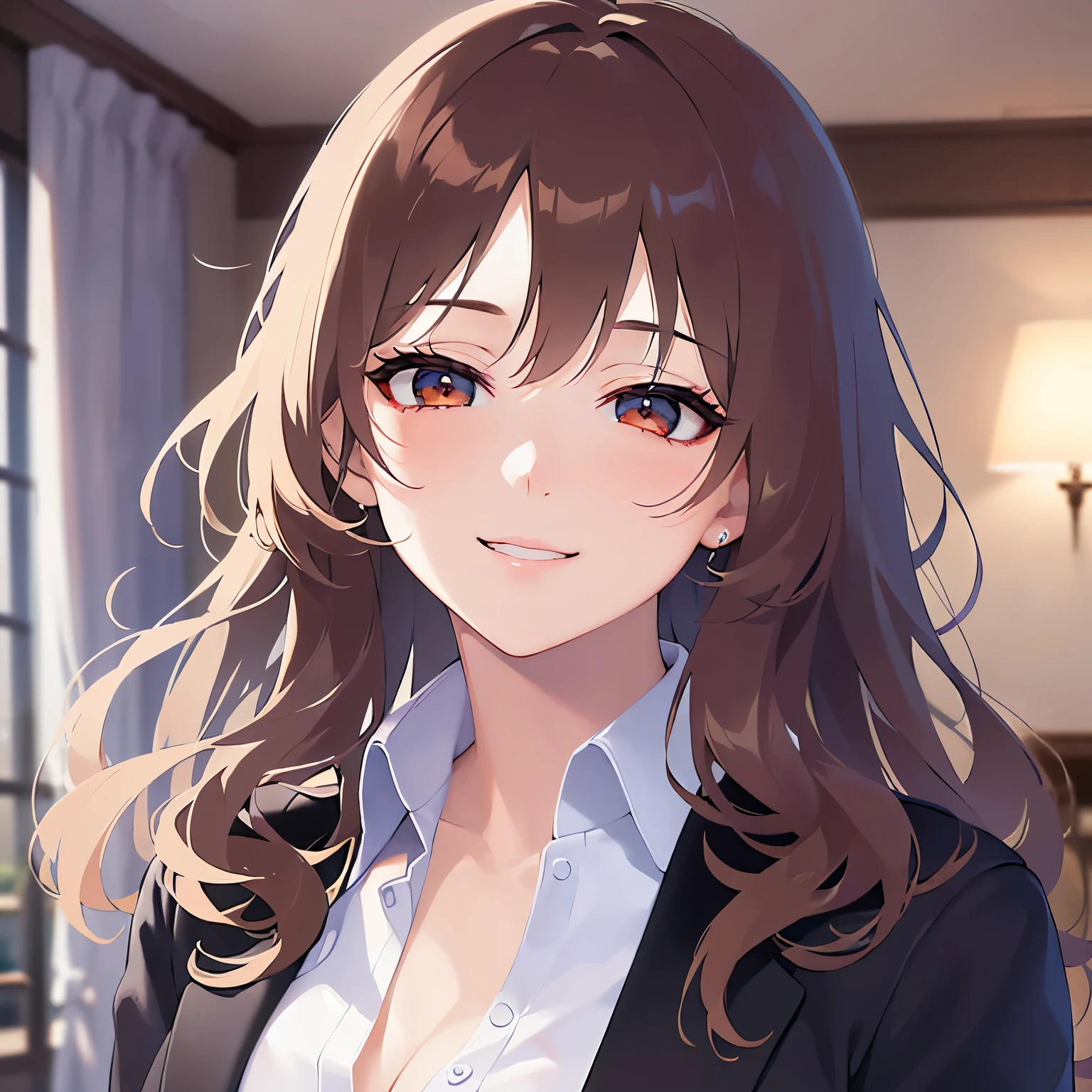 laughing,looking at viewer,close-up,Realistic, real person, (pale skin: 1.2), RAW photo, photorealistic, shiny skin, shiny hair、 (A 35-year-old woman with medium-length hair and bangs) and (wavy hair) and (brown hair) and (Orange Eyes) ,blush,(Wearing a business suit:1.5) and (Wearing a white collared shirt)、,The background is the living room at night、Alone、Wearing a black jacket、Cleavage、、illumination、closed eyes,Smiling face