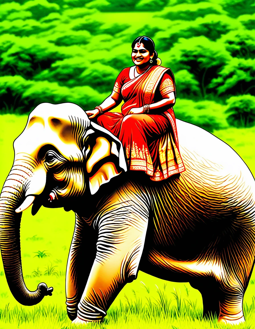 Large  Indian woman riding big elephant in grass meadow.