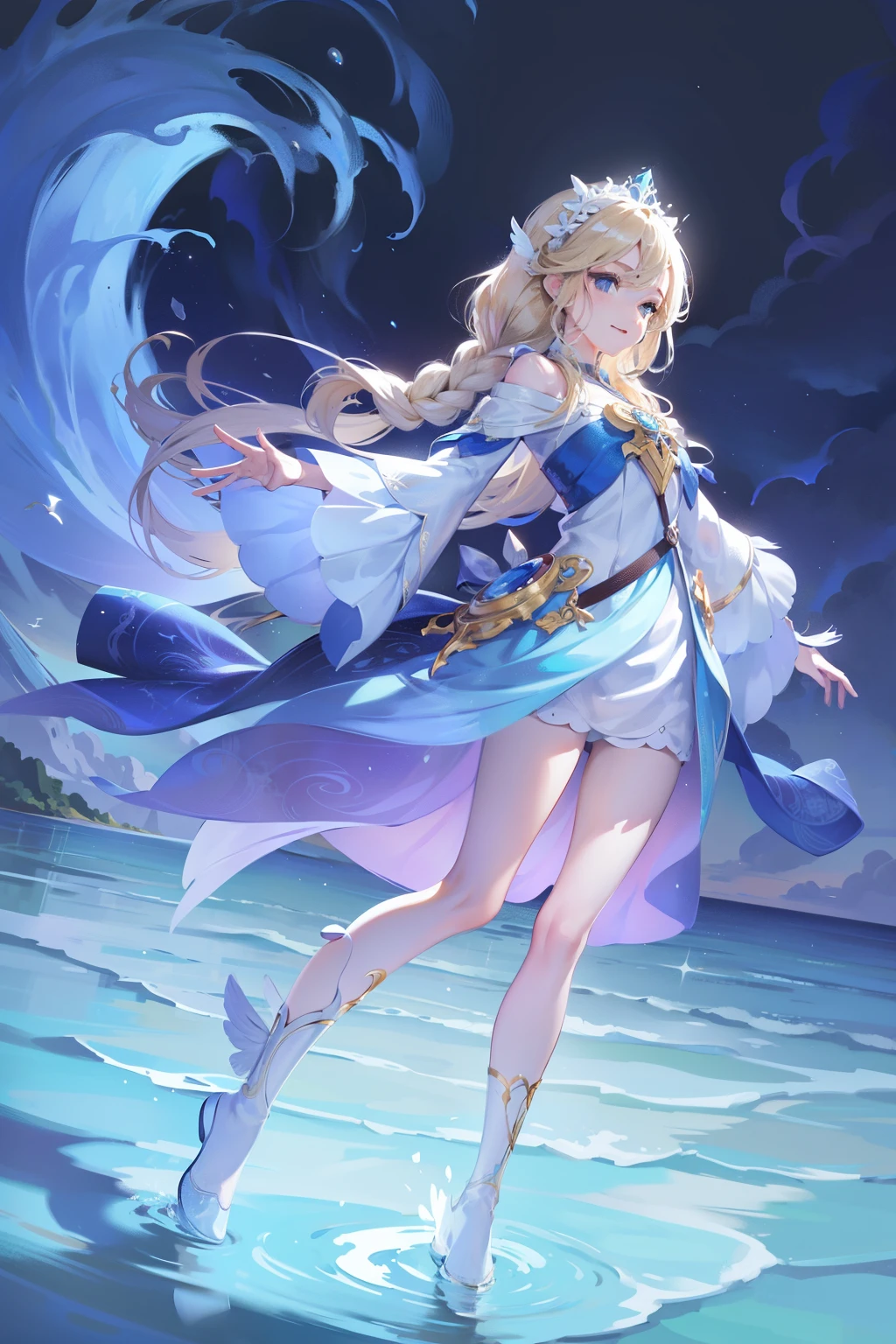 A girl came out of the sea, The Swan Princess in mythology, Beautiful and calm face, blue eyes, Long blonde hair braided, The moon is woven into the hair at the back of the head, White ancient shiny clothes, On his head wears the Kokoshnik crown, Affectionate gaze, Smile, A gentle expression on his face, Background seascape and sunlight, Seagulls in the sky, full length,  Photorealism