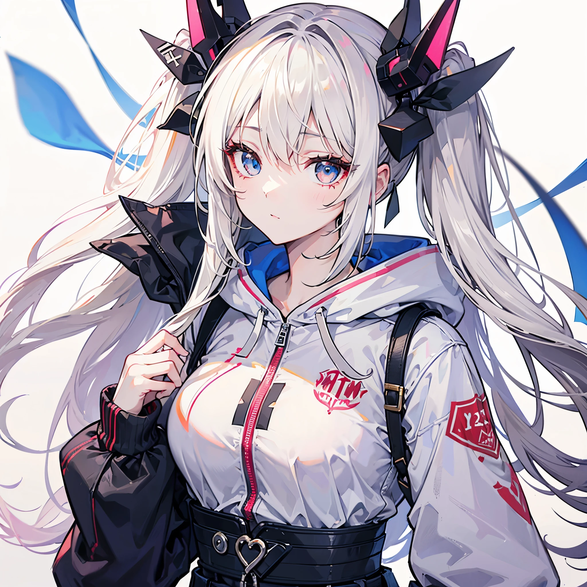 Two Girls、(Beige Hair、Red eyes)、(White Hair、blue eyes)、Twin tails、Very long hair、Shiny Hair、high quality、Simple Background、White Background、Monochrome outfit、Big hoodie