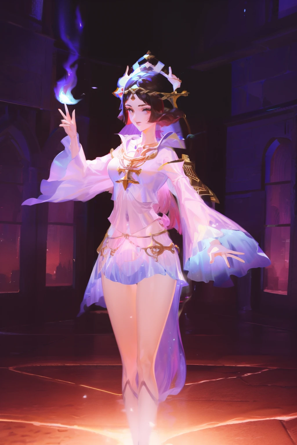 high frequency: 1.8, Rich details, masterpiece, 8K, Beautiful priestess in pink shirt standing in front of fire, Dance, Hand waving fan, Fan on fire, Fire surrounds the priestess, Burning battlefield background,  