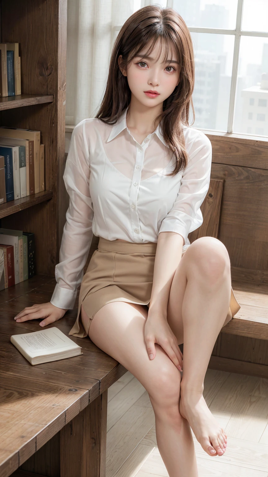8K, Highest quality, masterpiece, Ultra-high resolution, (Realistic:1.4), whole body、RAW Photos, ((Long brown straight hair, See-through bangs))), Beautiful Details 1 Girl, (Realistic:1.4), High-resolution RAW color photos, Professional photos, Highly detailed eyes and face, Natural light, Facial details, White skin, Shiny skin, Tight waist, Small Ass, Thin legs,Natural Breasts, Nice body, 、Bookshelf、((White DepthUNeck shirt、mini skirt、Wearing glasses))、Young round face、Spread your legs wide、Beautiful toes、